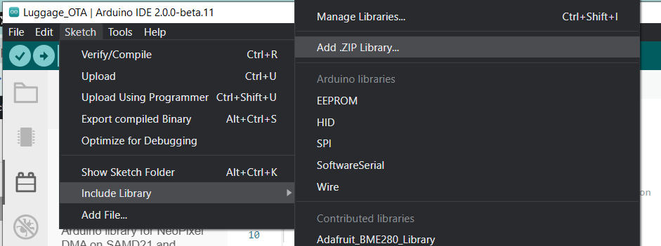 How do I use the Library Manager in the beta Arduino IDE (2.0.0 beta.11)?